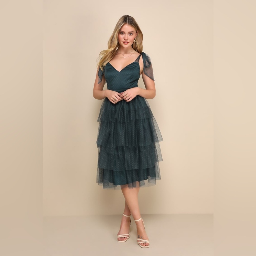 Lulus Lovable Vision Emerald Green Swiss Dot Tiered Midi Dress